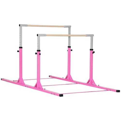 Qaba Double Horizontal Bars, Junior Uneven Bars Gymnastics for Home with 13-Level 36"-59" Adjustable Heights, 6-Level Adjustable Width - Pink - Image 1
