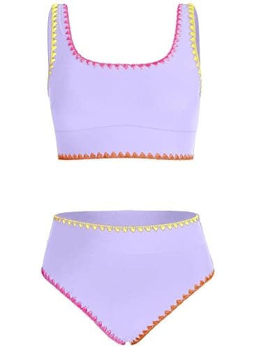 blibean Teen Girls Swimsuits Two Piece Bikini Sets with Chest Pad Size 6-15 Years - 8-9 Years - A Purple - Image 1