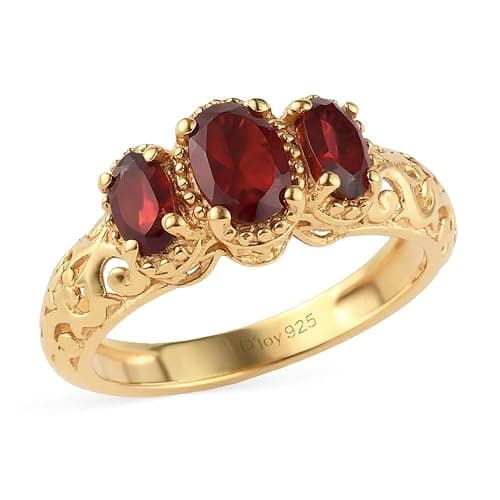 Shop LC 3 Stone Garnet Ring for Women in 14K Gold Plated 925 Sterling Silver - January Birthstone Promise Engagement Vintage Red Garnet Jewelry Birthday Christmas Gifts for Womens - Image 1