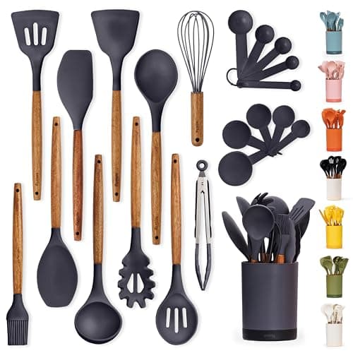 Silicone Kitchen Utensils Set & Holder for New Home & 1st Apartment Kitchen Essentials Set - Spatula, Cooking Spoons for Nonstick Cookware - 22 Piece Set - Gray - Image 1