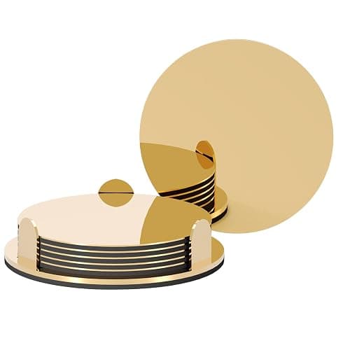 Anterrific Gold Stainless Steel Coasters with Holder, Modern Mirror Drink Coaster Set of 6, Unique Round Cup Coasters with Non-Slip EVA Base, Housewarming Décor for Coffee Bar and Dining Table - Image 1