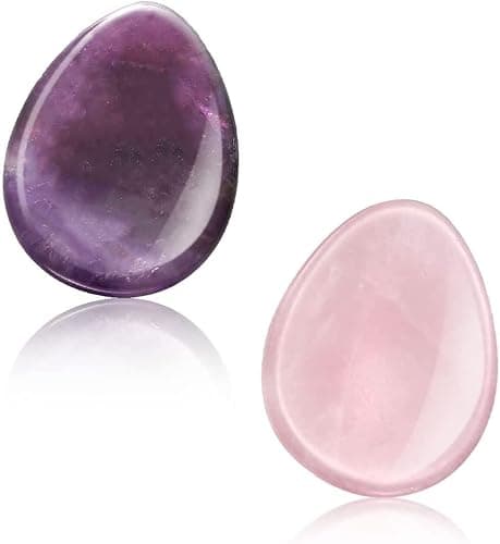 2 Packs Thumb Worry Stone for Anxiety,Natural Rose Quartz Amethyst Healing Crystals Set,Chakra Reiki Gemstone Pocket Palm Stones for Anxiety Stress Relief Meditation Crystal Therapy,Teardrop Shape - Image 1