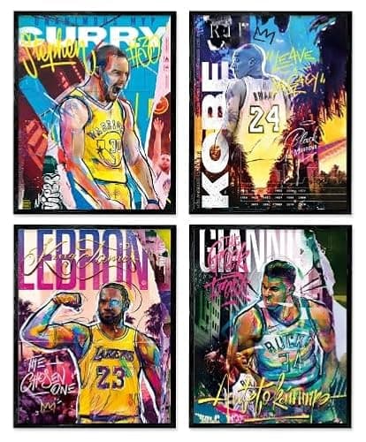 ZIENVE Basketball Stars Poster, Set of 4 Sports Wall Art Stephen Curry James Giannis Antetokounmpo Canvas Posters for Room Decor Unframed, 20x25cm - Image 1
