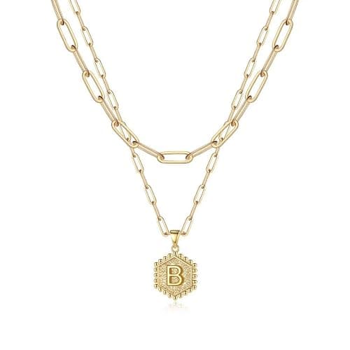 M MOOHAM Dainty Initial Necklaces for Women, 14K-Gold-Plated Layering Necklace for Women Cute Hexagon Letter Initial Necklace Layered Necklaces for Teenage Teen Girls Christmas Gifts Stocking Stuffers - Image 1