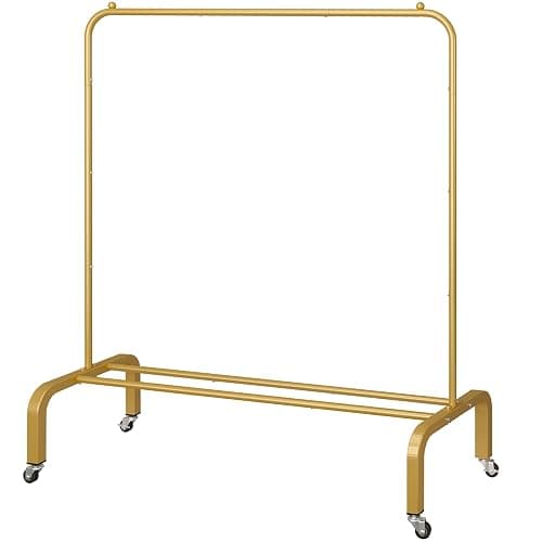 JIUYOTREE Metal Clothing Rack with Wheels 43.3 Inches Rolling Clothes Garment Coat Rack with Bottom Shelf Clothing Rack for Hanging Clothes Coats Skirts Shirts Sweaters Gold - Image 1