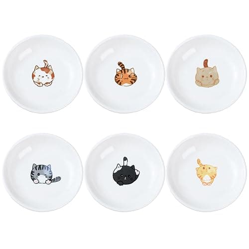 SOCOSY Super Cute Cartoon Animals Ceramic Sauce Dishes/Seasoning Dishes/Sushi Soy Dipping Bowls/Appetizer Plates/Dessert Plates/Little Cat Dog Feeding Bowls/Serving Dishes, 6 PCS-Cat Body-3.5 Inch - Image 1