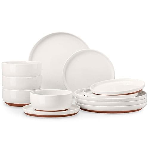 E-far 12-Piece Stoneware Dinnerware Sets, Plates and Bowls Sets for 4, Ceramic Dishware Dishes Set with Terracotta Base, Chip & Scratch Resistant, Microwave & Dishwasher Safe, Speckled White - Image 1