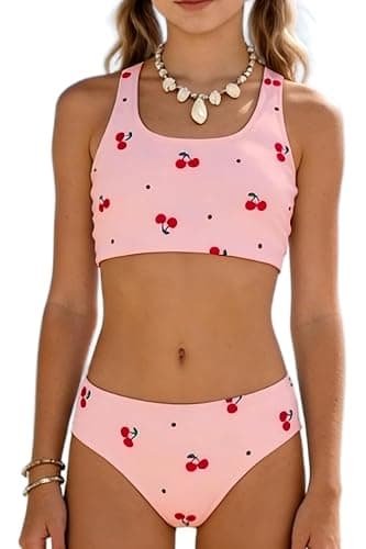 Luckydora Girl's Cherry Print Bikini Set Scoop Neck Crop Tank Two Piece Summer Swimwear Cute Bathing Suit Beach Outfit - Image 1