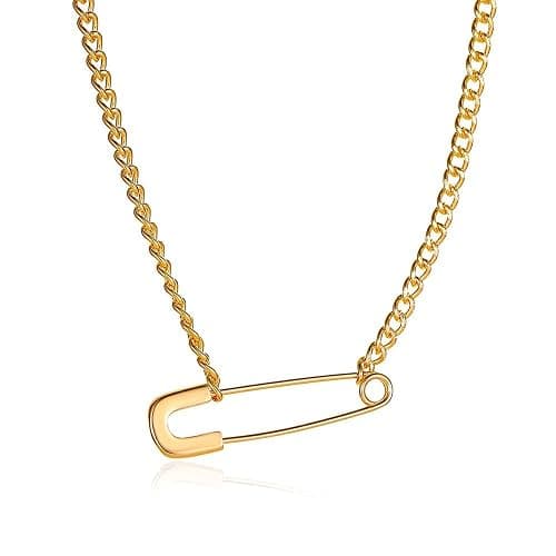 Locrccl Gold Safety Pin Necklace - Women's Dainty Choker with Silver Minimalist Pin Pendant - Hip Hop Punk Rock Jewelry - Gold - Image 1