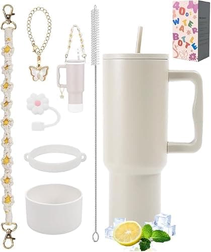 Sanilinwild 40 oz Tumbler Travel Mug Coffee Cup with Handle and Straw/Stainless Steel Double Wall Vacuum Insulated for Cold Hot Coffee -Easy to Carry-Holiday Gifts for Women Men 6PCS (Cream) - Image 1