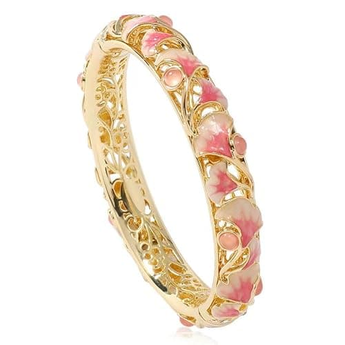 FcaLdqy Cloisonne Bracelet,Enamel Bracelet, Pink Purple Ginkgo Leaf Bracelets Traditional Cloisonne Enamel Ethnic Spring Hinged Cuff Bangles for Women - Image 1