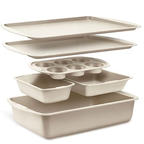 Bakken Swiss - Bakeware Set – 6 Piece – Stackable, Deluxe, Non-Stick Baking Pans for Professional and Home Cooking – Carbon Steel, White Stone Coating - 6 Piece Set - White Marble - Image 1