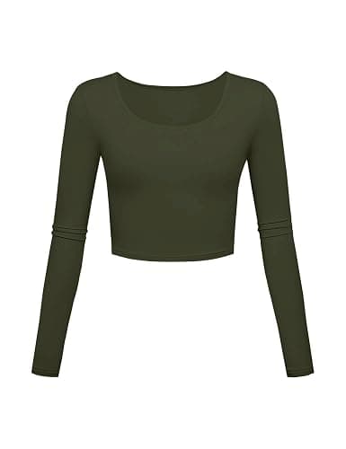Long Sleeve Crop Tops for Women Workout Basic Clothes for Teen Ladies Fitted Slim Scoop Neck Cute Yoga Shirts - Medium - Olive - 1 - Image 1