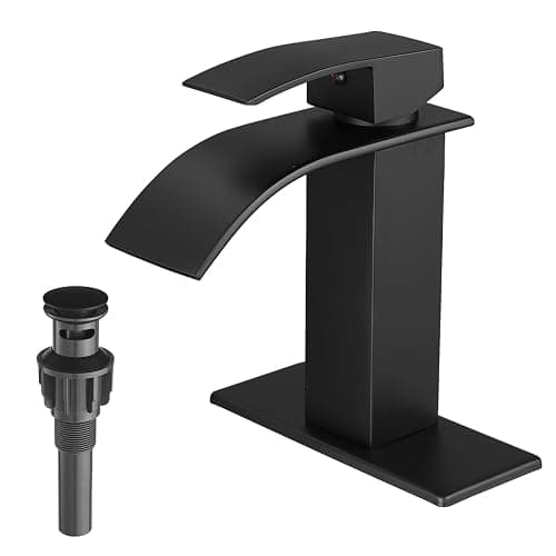 VOTON Black Bathroom Faucets Modern Waterfall Bathroom Sink Faucet Matte Black Single Handle Bathroom Faucet for 1 or 3 Holes with Deck Plate and Pop-Up Drain, Rv Sink Camper Farmhouse Bathroom Faucet - Image 1