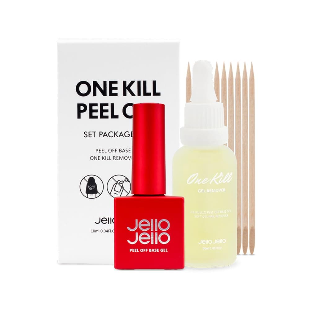 JELLO JELLO One Kill Set (Peel Off Base Gel 10ml + One Kill Remover 30ml Set + 10 cuticle sticks) PLUS Free Bonus Gift | Remover, Nail Repair and Health - Image 1