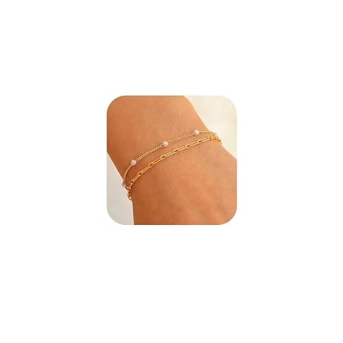 Risyfjew Dainty Pearl Chain Bracelets 14K Gold Bracelet for Women Adjustable Baroque Culture Jewelry Gifts for Mother Wife - Image 1