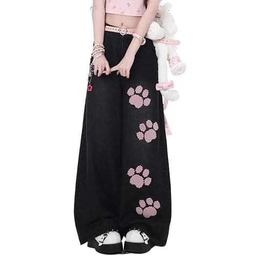Kawaii Cat's Claw High Waisted Wide Leg Jeans for Women Y2K Harajuku Fashion Denim Pants with Patchwork Design - Image 1