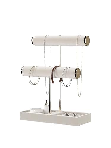 Gghenda 2 Tier Necklace Bracelet Holder Organizer with Ring Tray Jewelry Display Stand,Jewelry Holder for Scrunchie Watches Detachable (Biege) - Image 1