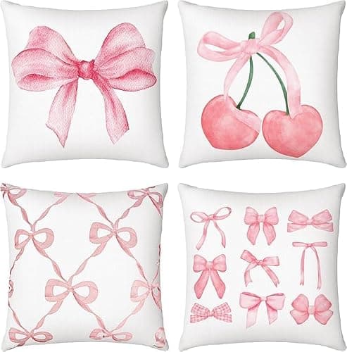 RYKEEN Pink Coquette Pillow Covers 18x18 Inch ,Set of 4 Coquette Bow Cherry Heart Aesthetic Pillow Covers Girly Bedroom Decor for Home Bedroom Living Room Decor (18x18 Inch) - Image 1