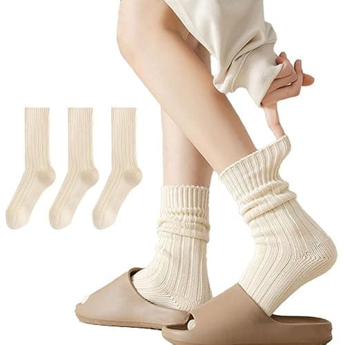 MANGMAO 3 Pairs Crew Socks for Women Cute Fall Knit Cotton Socks Crochet Aesthetic Long Slouch Socks Gifts for Women - Image 1