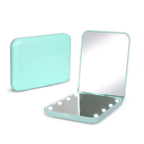 đź’šKintion Pocket Mirror, 1X/3X Magnification LED Compact Travel Makeup Mirror with Light for Purse, 2-Sided, Portable, Folding, Handheld, Small Lighted Mirror for Gift, Cyan - Image 1