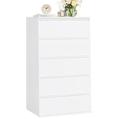 FOTOSOK White Dresser, 5 Drawer Dresser Tall White Dresser with Large Storage Space, Modern Storage Chest of Drawers, 23.6L x 17.6W x 39.1H Inch Storage Organizer Cabinet for Home, White - White - Image 1