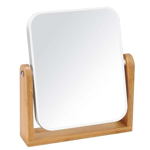 LFOYOU Vanity Makeup Mirror with Natural Bamboo Stand, Double Sided 360 Degree Swivel Magnifying Mirror, Tabletop Magnified Make up Mirror for Bathroom or Bedroom 8 Inch - Image 1