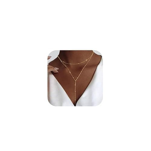Luxval Lariat Gold Necklace for Women, Dainty Long Necklace 14k Gold Plated/Silver Y-Shaped Pendant Necklaces Trendy Beaded Chain Drop Necklaces Jewelry for Women Gifts - Image 1