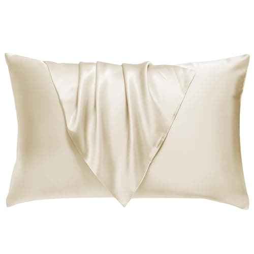 BHZ Satin Goose Down Feather Pillows Standard Size with Beige Satin Pillowcase for Hair and Skin, Cooling Pillow Cases Similar to Silk Pillow Cases, Decorative for Women, Mom Men - Image 1