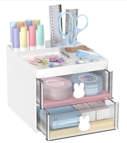 DRQ Desk Organizer with 2 Drawers, Multi-Functional Pencil Pen Holder for Desk Storage with 3 Compartments, Mini Cute Desk Accessories and Organizers for School Home Office Supplies (White) - White - Image 1
