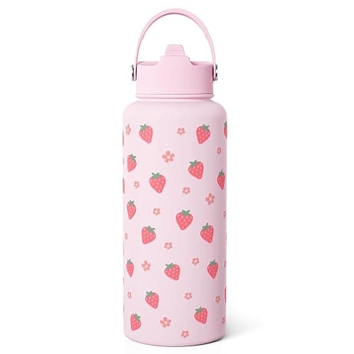 Strawberry Water Bottle 32oz Stainless Steel with Lid & Straw, Insulated Bottles for Women Girls, Gifts Ideas for Birthday Christmas - Image 1