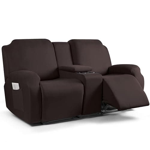 TAOCOCO Loveseat Recliner Cover with Middle Console, 4 Piece Polyester Softness Fabric Stretch Loveseat Reclining Sofa Slipcovers(Coffee, 2 Seat Recliner Cover with Console) - Image 1
