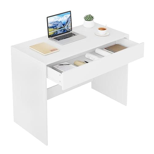 eSituro Computer Desk, Home Office Desk with Drawer,100x50 cm, Wooden Study Table Writing Desk with Storage, Dressing Table Vanity Makeup Table for Bedroom, White Desk - Image 1