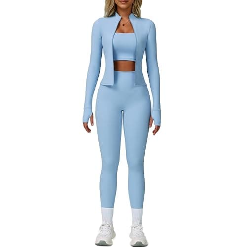 Women’s 3 Piece Workout Set – Sports Bra, Leggings & Jacket with Thumbholes – Yoga Outfit Activewear for Gym Running Training - Image 1