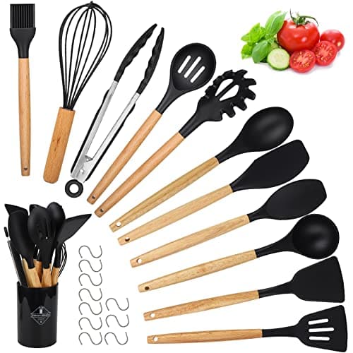 Kitchen Utensil Set, hicoosee 22 Pieces Silicone Cooking Utensils Set, Natural Wooden Handles Cooking Tool BPA Free Non Toxic Non Stick Heat Resistant Silicone Kitchen Gadgets Utensil Set, Black - S - Black - Image 1