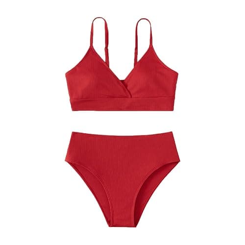 Girls 2 Piece Swimsuits V Neck Full Coverage Double Straps Bathing Suit Comfort High Waisted Solid Bikini Bottom Swimwear - Image 1