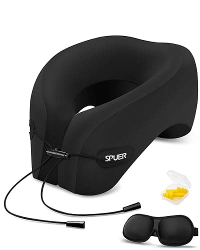 SPUER Airplane Travel Pillow – Neck Pillow for Sleeping with Memory Foam for Flights, Cars & Office Naps, Travel Accessories with Eye Mask, Earplugs & Storage Bag (Black) - Image 1