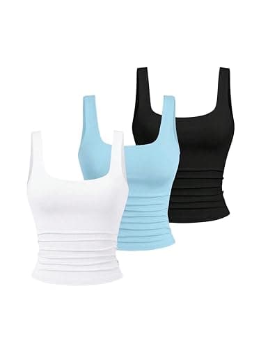 BEAUDRM Women's Y2k Double Lined 3 Piece Crop Tank Top Sets Square Neck Sleeveless Ruched Tee Shirt Basic Tops Pack - Image 1