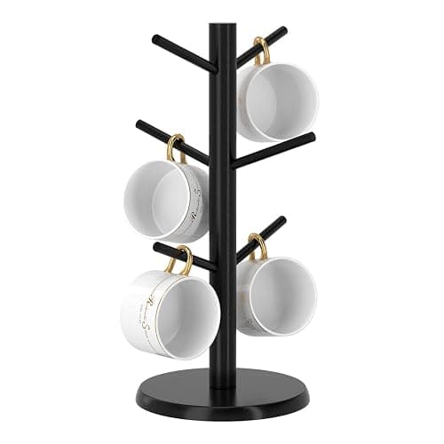 Wisuce Black Coffee Mug Tree, Updated Thick Bamboo Mug Holder Base,Coffee Cup Stand Mug Holders with 6 Hooks for Countertop Cup Rack Organizer Stand (Black) - Image 1