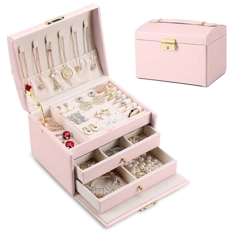 Caja de Almacenamiento, E T EASYTAO Cubo de Organizador con Cerradura, Caja de Almacenamiento de Cuero para Anillos, Pendientes, Collares, Pulseras, Etc, Perfecto Regalo para Mujeres (Rosa) - Image 1