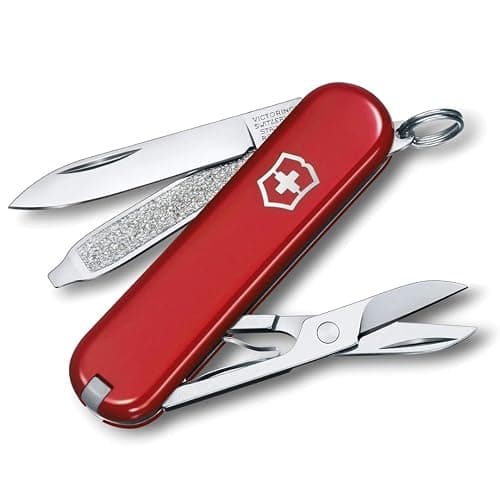Victorinox Classic SD Swiss Army Knife, Compact, 7 Functions, Swiss Made Pocket Knife with Small Blade, Screwdriver and Key Ring - Style Icon (Red) | Swiss made compact multi-tool with scissors, nail file, tweezers, and toothpick. Durable iconic stainless steel construction - Image 1