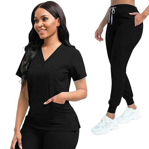 YEZEX Scrubs for Women Set, Women's V-Neck Top & Jogger Scrub Pants, Nursing Uniform Scrubs Set with 8 Pockets - Image 1