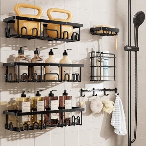 Veken Shower Caddy 6-Pack, Advanced Rustproof Design, No Drilling Adhesive Shelves, Rack with Soap Holder, Large Capacity Bathroom Organizers and Storage, Wall-Mounted Kitchen & Home Decor, Black - Image 1