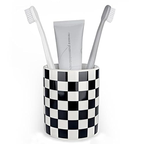 Tooth Brush Holder for Bathroom, Countertop Toothbrush Holders for Bathrooms, Modern Cute Black and White Bath Room Cups, Ceramic Toothbrush and Toothpaste Dispenser, Checkered Bathroom Decor - Image 1