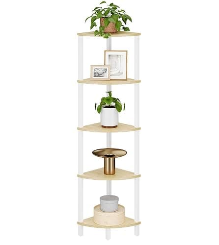 VIMBER Corner Shelf, 5-Tier Corner Bookshelf, Industrial Corner Ladder Shelf, Rustic Display Shelf for Living Room, Bedroom, Kitchen, Home Office, White and Nature Wood Color UJSJ001Q - White and Nature Wood - 5-Tier - Image 1