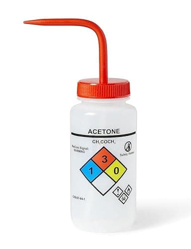 United Scientific™ UniSafe™ Wash Bottle for Acetone, 500mL - Labeled with Color Coded Chemical & Safety Information (4 Colors) - Wide Mouth, Self Venting, Low Density Polyethylene - Image 1