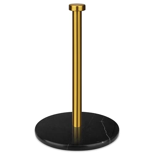 Paper Towel Holder Countertop, Brushed Gold, 7" Black Marble Base | Weighted Marble Base, Paper Roll Holder, Modern Free Standing, Stainless Steel Stand, For Kitchen Bathroom - Image 1