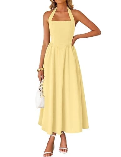 ZESICA Women's Summer Sleeveless Halter Midi Dress 2026 Off Shoulder High Waist Flowy Beach Wedding Guest Long Dresses - Image 1