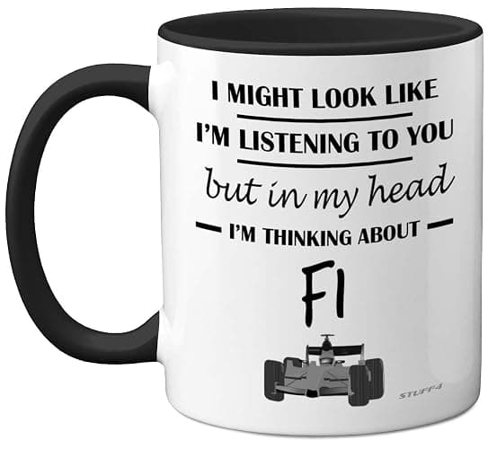 Formula 1 Gifts - in My Head I'm Thinking About F1 - Funny F1 Gifts for Men, Car Lover Gifts for Him, F1 Mug, Formula One Gifts, 11oz Ceramic Dishwasher Safe Black Handle Mugs Novelty Cup by Stuff4 - F1 - Black - 1 Count (Pack of 1) - Image 1