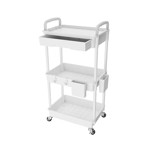 3 Tier Rolling Utility Cart with Drawer,REBECAT Utility Cart Made of Multifunctional Storage Organizer Tool for Kitchen,Bathroom,Living Room,Office(White) - Image 1